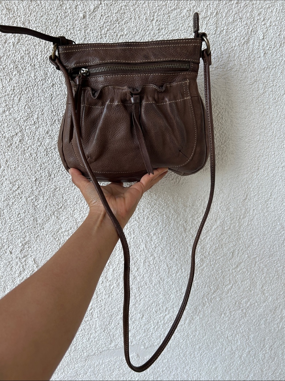 Compact Dark Brown Leather Crossbody Bag with Front Pocket